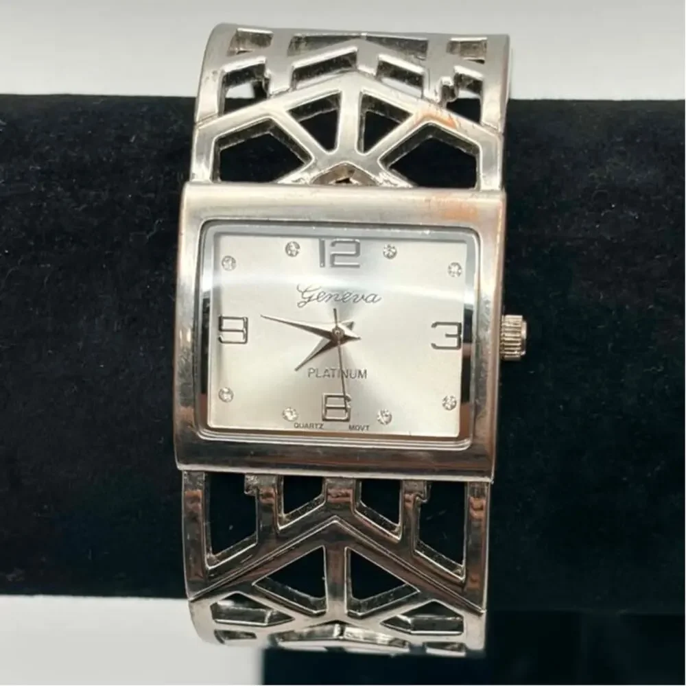 Silver Geometric Geneva Cuff Watch